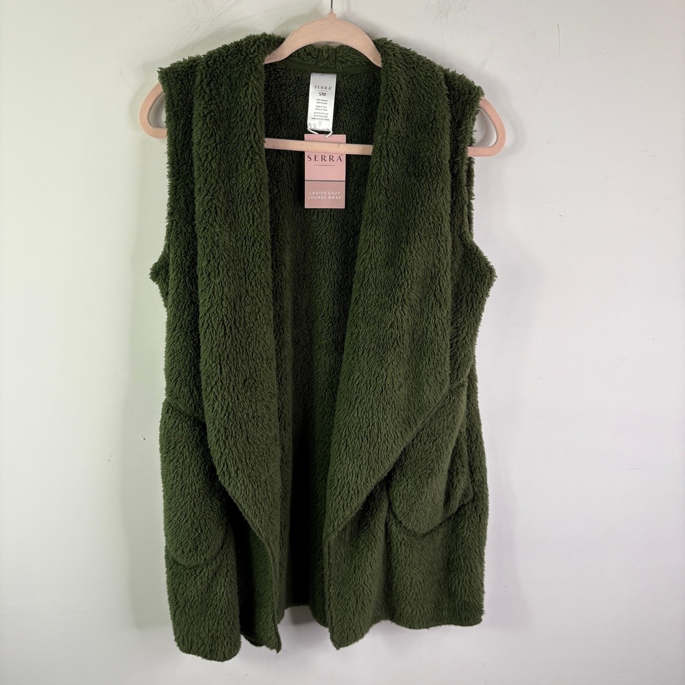NWT SERRA Ladies‎ Cozy Lounge Wrap Vest S M Olive Green Plush Fleece Pockets